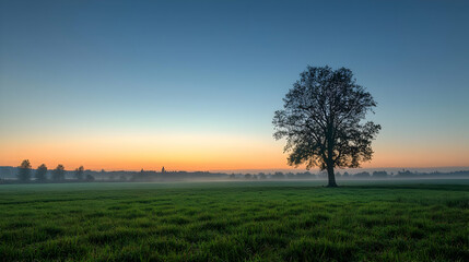 Fototapeta premium Single Tree Silhouette Against Green Field Horizon Illuminated By Sunrise Sky