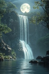 Waterfall cascades down a cliff face, moonlight illuminating the pristine waters