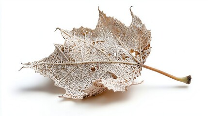 Naklejka premium Intricately Detailed Dry Maple Leaf with Lacy Texture Against White Background