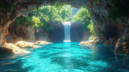 Waterfall cascades into serene, vibrant blue water within a rocky cavern