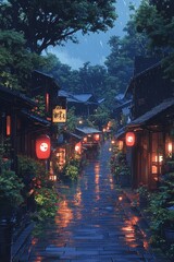 Wet cobblestone street at night with illuminated lanterns & old wooden buildings