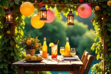 Outdoor summer party scene with refreshing drinks and vibrant decorations under a leafy pergola