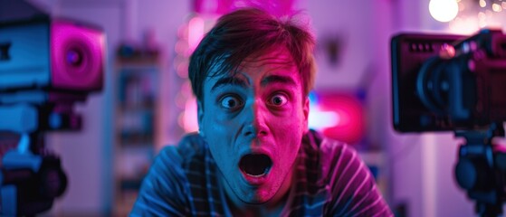 Shocked Vlogger with Neon Room.