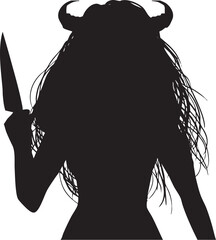 髪を振り乱しツノが生えた鬼女がナイフで威嚇するモノクロ切り絵風カットイラスト
