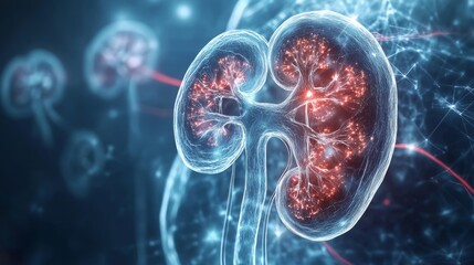 Naklejka premium Human organ. Medical anatomy. Medical science. Human kidneys anatomy structure. Kidney disease. Kidney anatomy cross section. Futuristic Medical Hologram. 