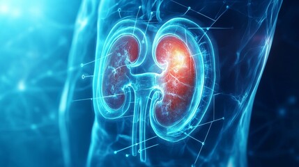 Human organ. Medical anatomy. Medical science. Human kidneys anatomy structure. Kidney disease. Kidney anatomy cross section. Futuristic Medical Hologram. 