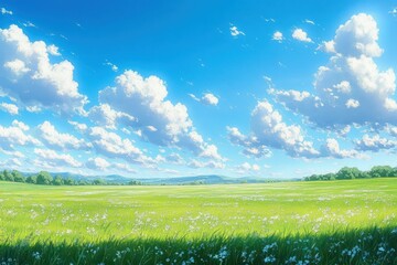 Fototapeta premium Summer Blue Sky Clouds Meadow Green Grass Animation Background