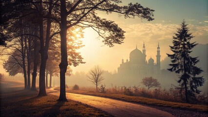 A tranquil landscape image depicts a tree-lined road leading towards a distant, ethereal building with dome and minaret structures,