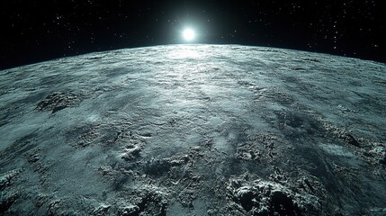 Wintry, rocky landscape, sunlit sky. Dark stars scatter across sky