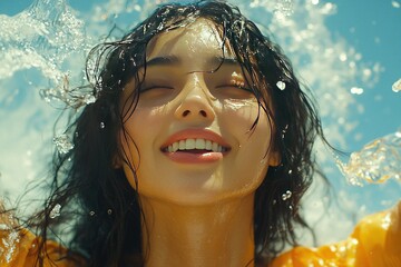 Woman basks in splashing water, eyes closed, smiling under a bright blue sky