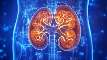 Fototapeta premium Human organ. Medical anatomy. Medical science. Human kidneys anatomy structure. Kidney disease. Kidney anatomy cross section. Futuristic Medical Hologram. 