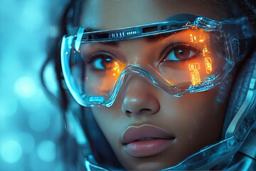Woman in futuristic visor looks onward with bright reflections, tech background