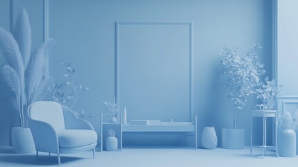 Serene Blue Living Room Interior Design: Minimalist Modern Room with Plants and Armchair