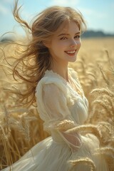 Woman in light dress smiles, with blonde hair blowing, in golden wheat field