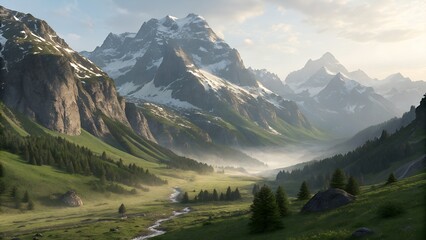 Fototapeta premium A breathtaking vista captures a lush valley nestled between towering, snow-capped mountains