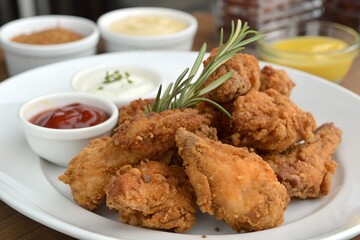 Delicious Crispy Fried Chicken with Sauces and Fresh Rosemary Garnish