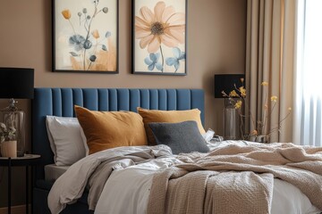 Cozy bedroom with floral art