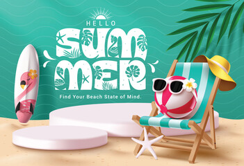 Hello summer podium clipart background design. Summer greeting text in green pattern clip art for holiday vacation with beach chair.