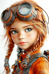 Young girl with bright blue eyes, freckles, and red braided hair wears worn steampunk goggles and detailed gear. Futuristic and adventurous aesthetic in orange tones.