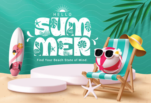 Hello summer podium clipart background design. Summer greeting text in green pattern clip art for holiday vacation with beach chair.