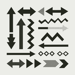 Diverse black arrows point in different directions. Includes dotted, dashed, zig-zag, and geometric arrows. Directional indicators for presentations.