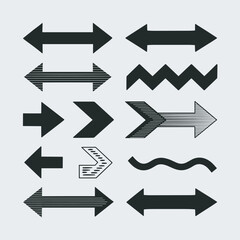Collection of various arrow styles and direction indicators on a white background. Icons point left, right, and in both directions, some are straight, wavy, or zigzag.