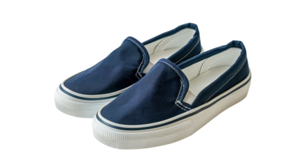 Pair of blue canvas slip-on shoes isolated on transparent background