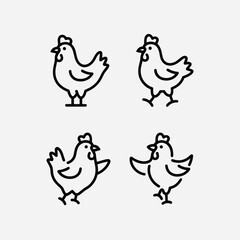 Simple line drawing illustration showcasing four different chicken variations, all are isolated on a clean, light gray backdrop.