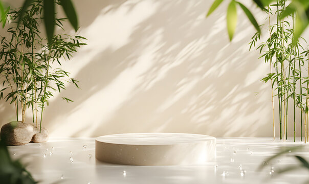 The background of the product display stand under the bamboo shadows with a Zen-like atmosphere