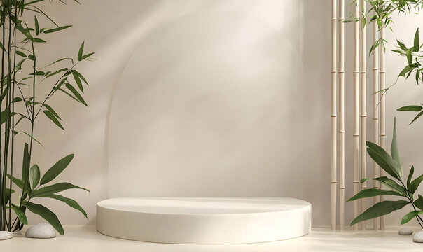A product display stand surrounded by Wabi-sabi style green plants