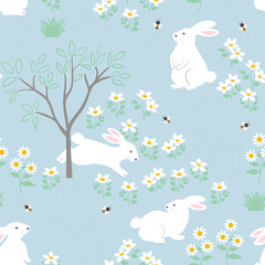 Easter seamless repeat pattern with cute hand drawn rabbits on spring flowers