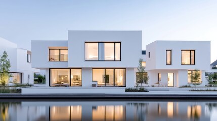 Modern white contemporary houses flanking a canal