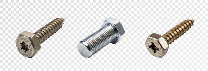 Metal bolts and nuts, nails and screws, wrenches isolated on transparent background, vector png. Realistic 3D image.