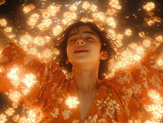 Woman radiates joy in a bright orange dress surrounded by vibrant floral lights