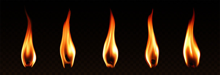 Fire flame effect, bonfire, realistic silhouette of match or torch flame. Lights and flames design on transparent background vector, png.	
