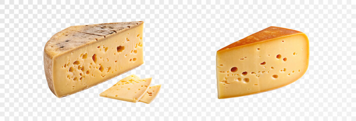 Realistic hard cheeses of different types, blue cheeses, cheeses with truffles. Sliced ​​pieces and slices of cheese appetite effect, vector png.	

