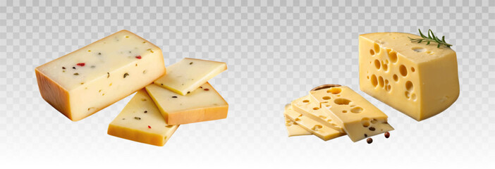 Realistic hard cheeses of different types, blue cheeses, cheeses with truffles. Sliced ​​pieces and slices of cheese appetite effect, vector png.
