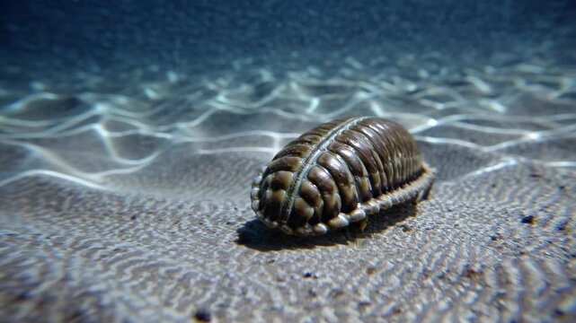 Underwater close-up video of a marine creature on sandy ocean floor. Low-angle shot highlights rippling sunlight patterns on the sand.