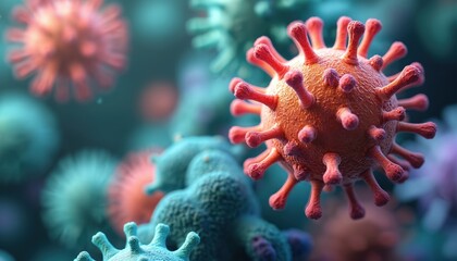 Fototapeta premium Microscopic view of various viruses, bacteria, microorganisms. Scientific 3D rendering of disease-causing pathogens. Biology, healthcare, medical research concepts. Microbe, infectious germs cause