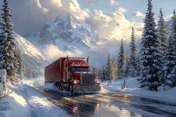 Naklejka premium Red semi-truck driving through snowy mountain road in pine forest