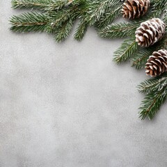 Snow-Dusted Pine Cones and Evergreen Branches on a Gray Background