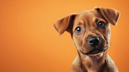 Obraz premium Adorable Puppy Head Tilt Portrait Against Orange Background Looking Upward