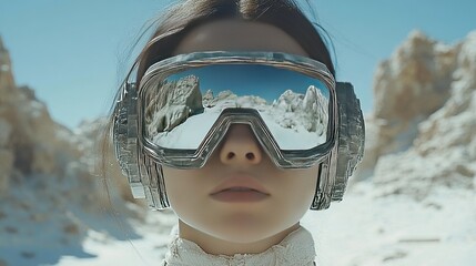 Woman with futuristic goggles in desert reflects mountains on lens