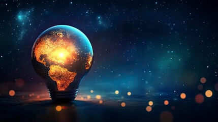 Glowing World Map Lightbulb Idea Concept on Dark Starry Background