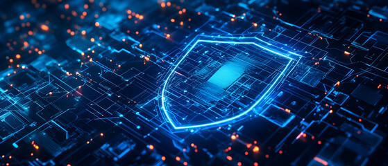 Cybersecurity and data protection concept with a digital shield symbol on a blue technology background.