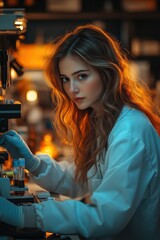 Woman with lab coat conducting scientific experiment in a lab