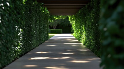 Lush green hedges frame a pathway. Sunlight filters through the foliage, creating a serene and private outdoor space