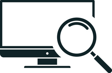 Computer monitor icon with magnifying glass, concept of searching information on computer. Vector, designer image, postcard, illustration.