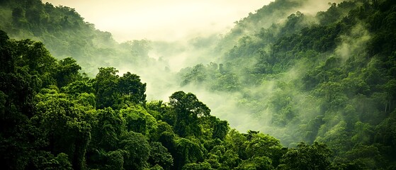 Fototapeta premium Panoramic Aerial view of a dense forest, with green trees shrouded in morning fog, captured from a top-down perspective using a drone camera