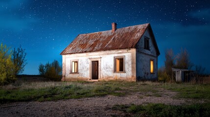 Obraz premium Abandoned House Night Photography Starry Sky Rural Scene Rustic Cottage